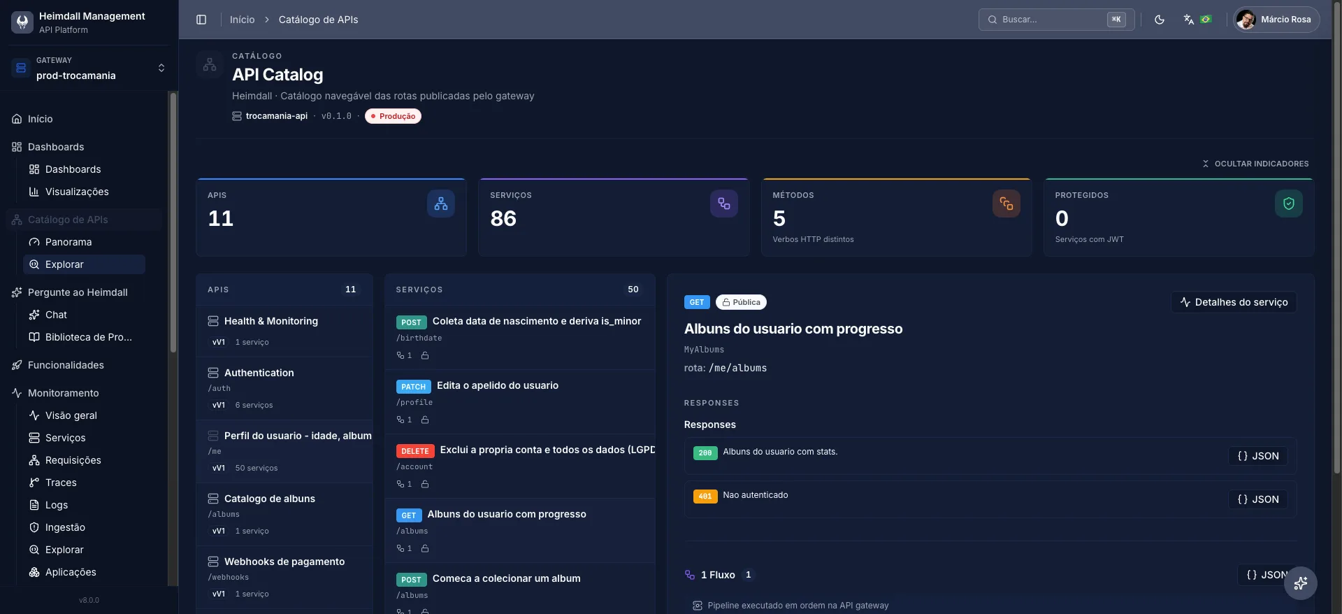 Catálogo de APIs do console Heimdall com uma API selecionada e seus serviços e respostas