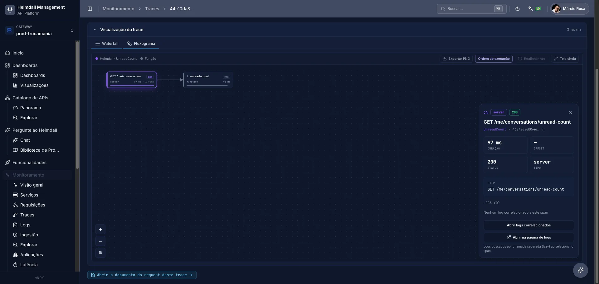 Detalhe de um trace no console Heimdall em modo fluxograma, com os spans como grafo de chamadas