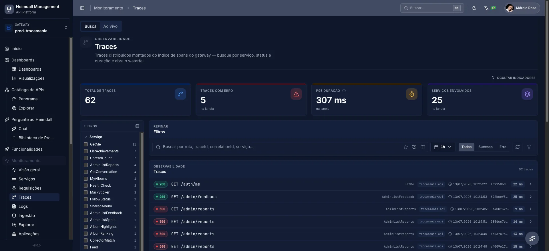 Tela de Traces do console Heimdall com indicadores e lista de rastros distribuídos